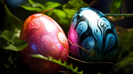Easter eggs on dark background, Easter celebration concept.の素材