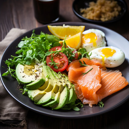 Plate with delicious and healthy morning breakfast. Poached egg, salmon slices, avocado and saladの素材