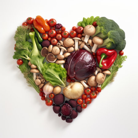 a heart shaped plate filled with a colorful assortment of fresh fruits and vegetables perfect for promoting healthy eating habits and a balanced dietの素材