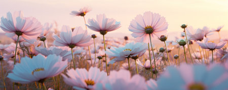field of big white flowers close up, monochromatic colors, sunset bannerの素材