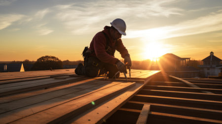 Builder or carpenter working on the roofの素材