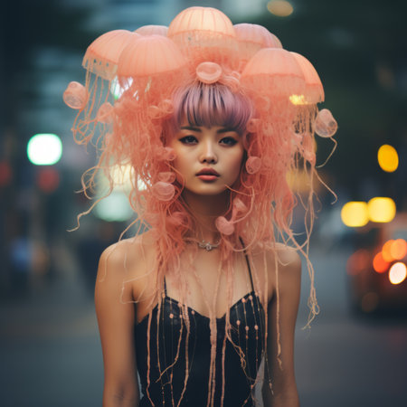 Beautiful Japanese Lady with jellyfish on hair, standing on street,  jellyfish costume, fashionの素材