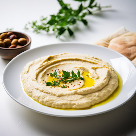 Traditional Middle east appetizer Hummus served with fresh pita bread and herbs, seasoned with extra virgin olive oil and paprika in vintage ceramic plateの素材