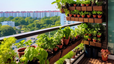 Vertical garden on a high-rise apartment balcony, filled with a variety of wildflowers and green foliage, creating a lush oasis amidst the urban environmentの素材