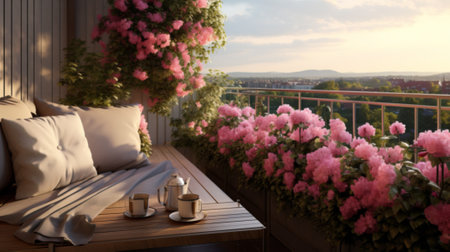 Beautiful wooden terrace with garden furniture surrounded by greenery and flowers on a warm, summer dayの素材