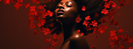 Abstract artistic portrait of Afro American woman with red flowers over her head bannerの素材
