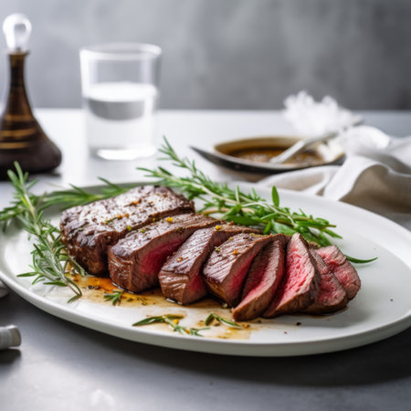 Grilled sliced Beef Steak on a wooden board close upの素材