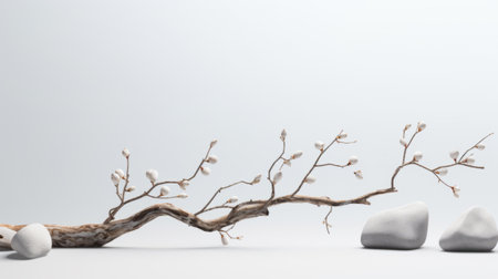 Natural background podium for cosmetic products created from wood, bark and stones on grey background. Creative modern still lifeの素材