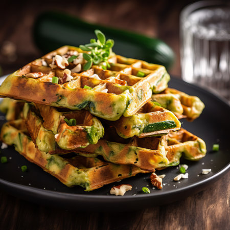 Zucchini waffle, zucchini fritters cooking on waffle maker, vegetarian zucchini pancakesの素材