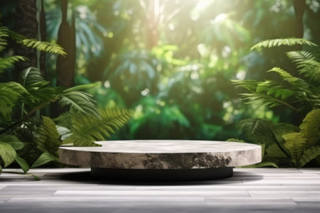 Wood tabletop counter podium floor in outdoors tropical garden forest blurred green leaf plant nature background.Natural product placement pedestal stand display,spring summer jungle paradise concept.の素材