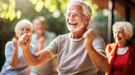 Stretching, portrait and senior people in park for muscle health, workout and training with retirement community. Yoga, exercise and elderly friends or group of women and men for fitness in natureの素材