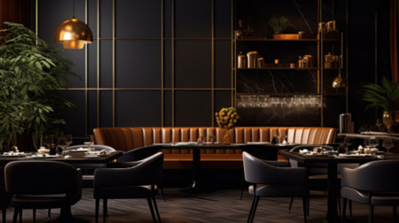 Interior of cozy restaurant. Contemporary design in loft style, modern dining place and bar counter, copy spaceの素材