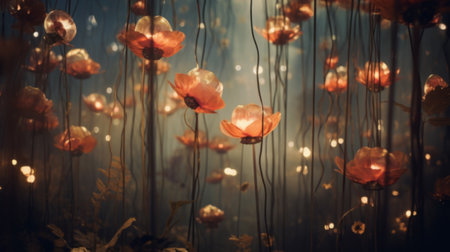 Ethereal underwater scene featuring delicate blossoms drifting amidst the serene blue depths. Ideal for themes of tranquility, nature, or meditation.の素材