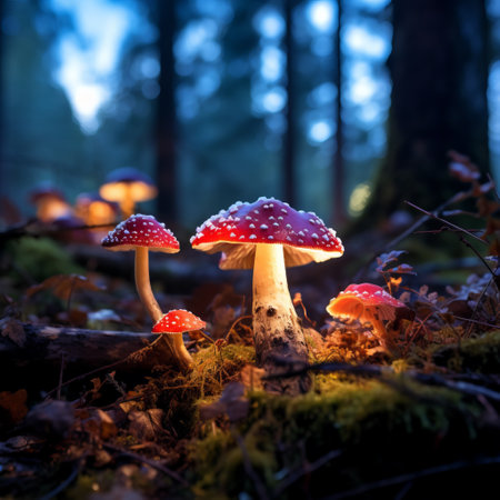 Fantasy glowing mushrooms in mystery dreamy forestの素材