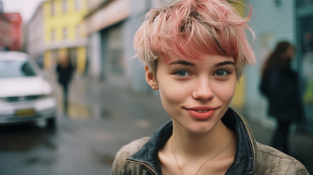 teenager girl with pink hair on the street.の素材