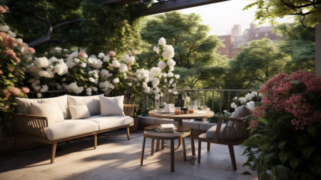Beautiful wooden terrace with garden furniture surrounded by greenery and flowers on a warm, summer dayの素材