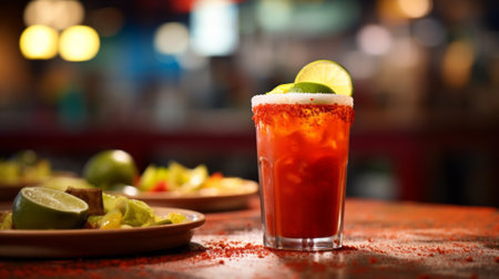 Michelada cocktail with lime and chili powder, surrounded by fresh ingredientsの素材