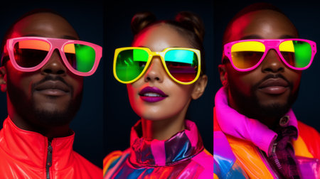 Collage of portraits of young smiling people isolated over multicolored backgrounds in neon lightの素材