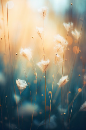 Abstract soft focus close up field of grass meadow warm golden hour sunset sunrise time. Tranquil spring summer nature closeup. Idyllic natureの素材