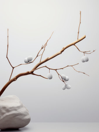 Natural background podium for cosmetic products created from wood, bark and stones on grey background. Creative modern still lifeの素材