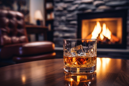 whiskey with ice on the background of the fireplace. Cozy relaxed atmosphere by the fireの素材