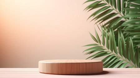 Pedestal for exhibition and tropical plant leaves shadows on wallの素材