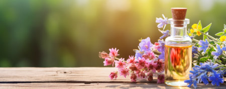 Bottle of essential oil and colorful wild flowers on wooden background bannerの素材