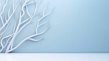 Blue wall and abstract plant. Minimal abstract background for product presentation. Spring and winterの素材