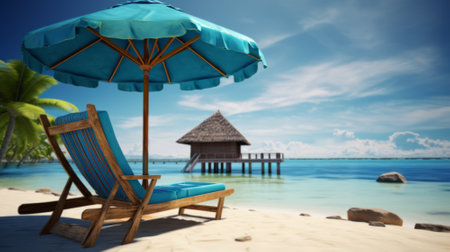 Beautiful panoramic beach. Chairs umbrella sandy beach, palm leaves seascape. Summer holiday vacation tourism. Amazing tropical landscape. Tranquil scenery, relaxing beach, tropical landscape panoramaの素材