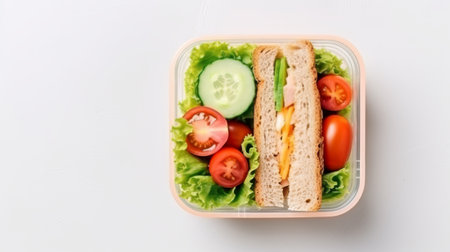 Wholegrain sandwich with fresh salad in a transparent lunch boxの素材