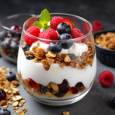 Healthy breakfast of strawberry parfaits made with fresh fruit, yogurt and granola over a rustic white table. Shallow depth of field with selective focus on glass jar in front. Blurred background.の素材