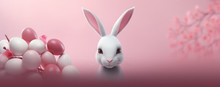 An artistic Easter arrangement on a dark background with Easter bunny and eggsの素材