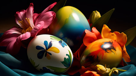 Easter eggs on dark background, Easter celebration concept.の素材