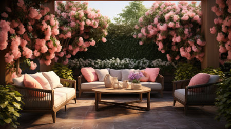 Beautiful wooden terrace with garden furniture surrounded by greenery and flowers on a warm, summer dayの素材