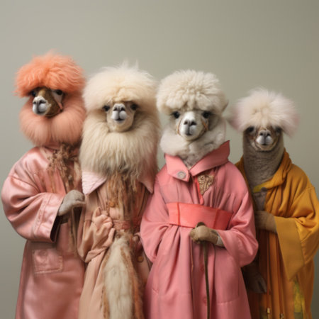 A group of adorable alpacas dressed like people. Fun, party, humor conceptの素材
