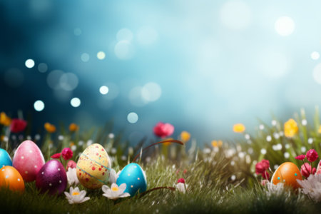 Vibrant Easter eggs among flowers on a bright spring dayの素材