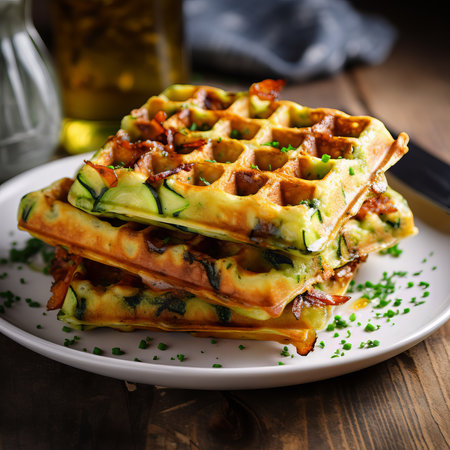 Zucchini waffle, zucchini fritters cooking on waffle maker, vegetarian zucchini pancakesの素材