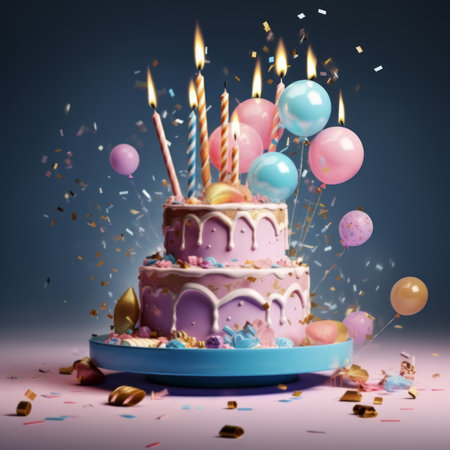 birthday cake with candles and balloons on purple backgroundの素材