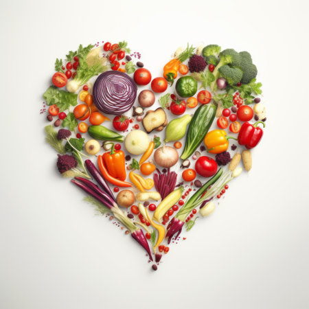 a heart shaped plate filled with a colorful assortment of fresh fruits and vegetables perfect for promoting healthy eating habits and a balanced dietの素材