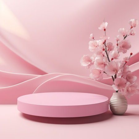 Fresh lush pink sakura flowers on branch with cylinder podium mockup in soft light white interior on table in floral spring style for presentation cosmetic products, goods, branding, copy space.の素材