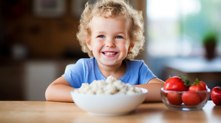 Smiling adorable child having breakfast eating oatmeal porridge with berries.の素材