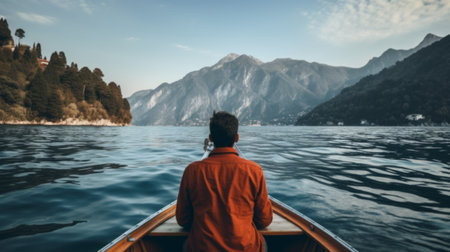 Rear view of man paddling the wooden boat. Paddling, canoeing, kayakingの素材
