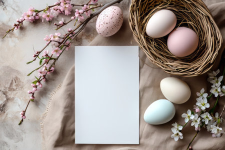 Pink cherry blossoms with Easter eggs on a textured backdropの素材