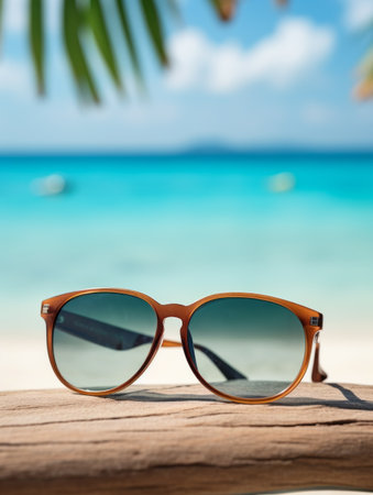 Closeup of black protective sunglasses on sandy beach at tropical seaside on warm sunny day. Summer vacation concept.の素材