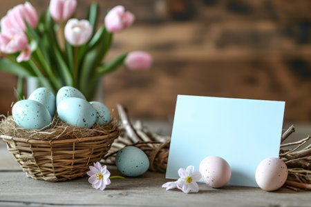 A wicker basket filled with speckled Easter eggs beside spring blossomsの素材