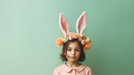 Cute little child wearing bunny ears holding flowers on Easter day . Easter girl portrait, funny emotions, surprise. Copyspace for text.の素材