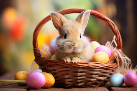 Easter bunny and easter eggs on pastel background rabbit in basket with easter eggs.の素材