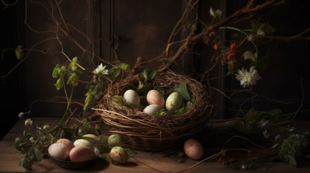 easter eggs on the nest on a dark background, artistic vintage Easter conceptの素材