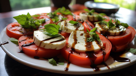 Italian caprese salad with sliced tomatoes, mozzarella cheese, basil, olive oil. Close upの素材