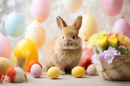 Adorable Easter Bunny Among Pastel Eggs and Spring Flowers.の素材